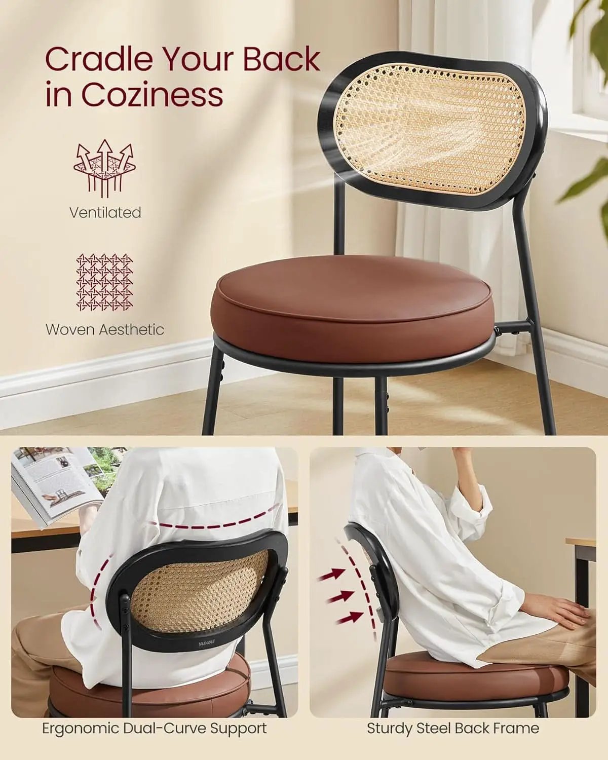 Dining Chairs Set of 4 With Boho Rattan Back Coffee Brown from PriceLows™