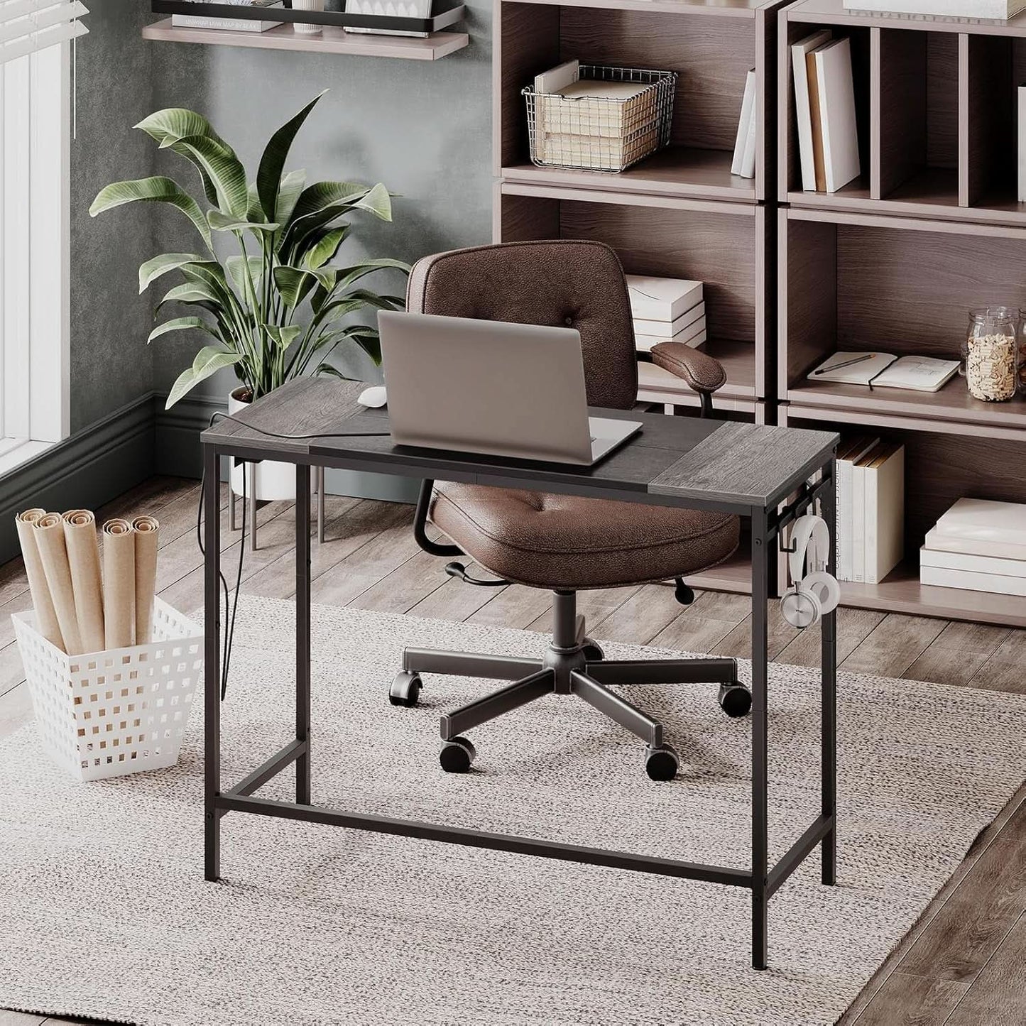 Charcoal Gray Computer Desk With Power Outlet And Hooks from PriceLows™