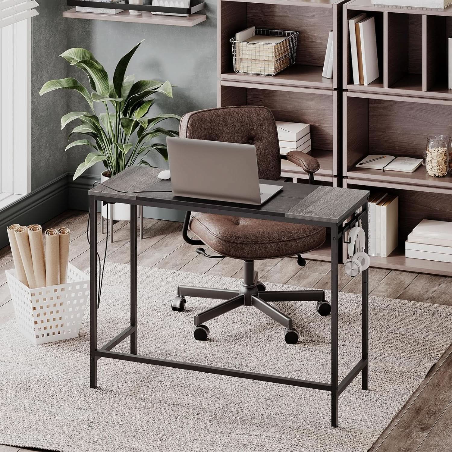 Charcoal Gray Computer Desk With Power Outlet And Hooks from PriceLows™