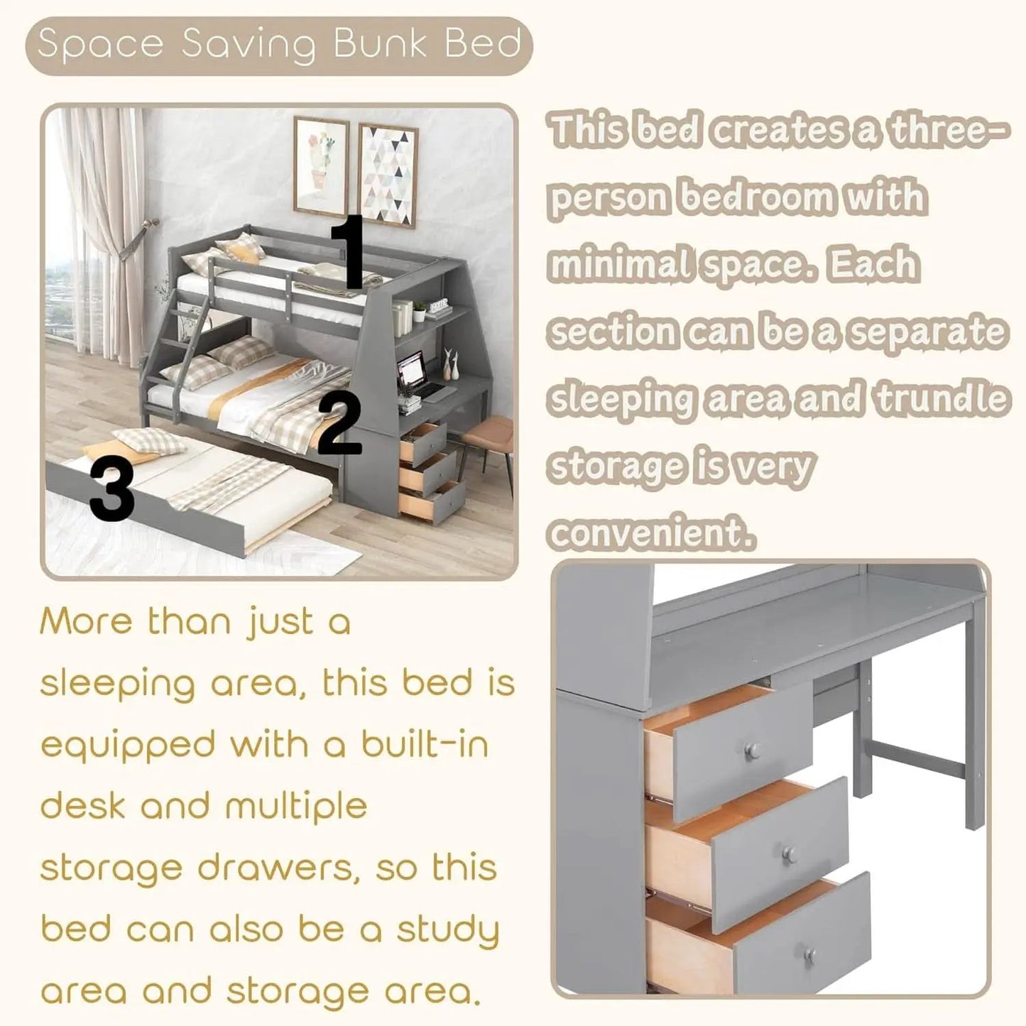 Gray Twin Over Full Bunk Bed With Trundle And Desk from PriceLows™