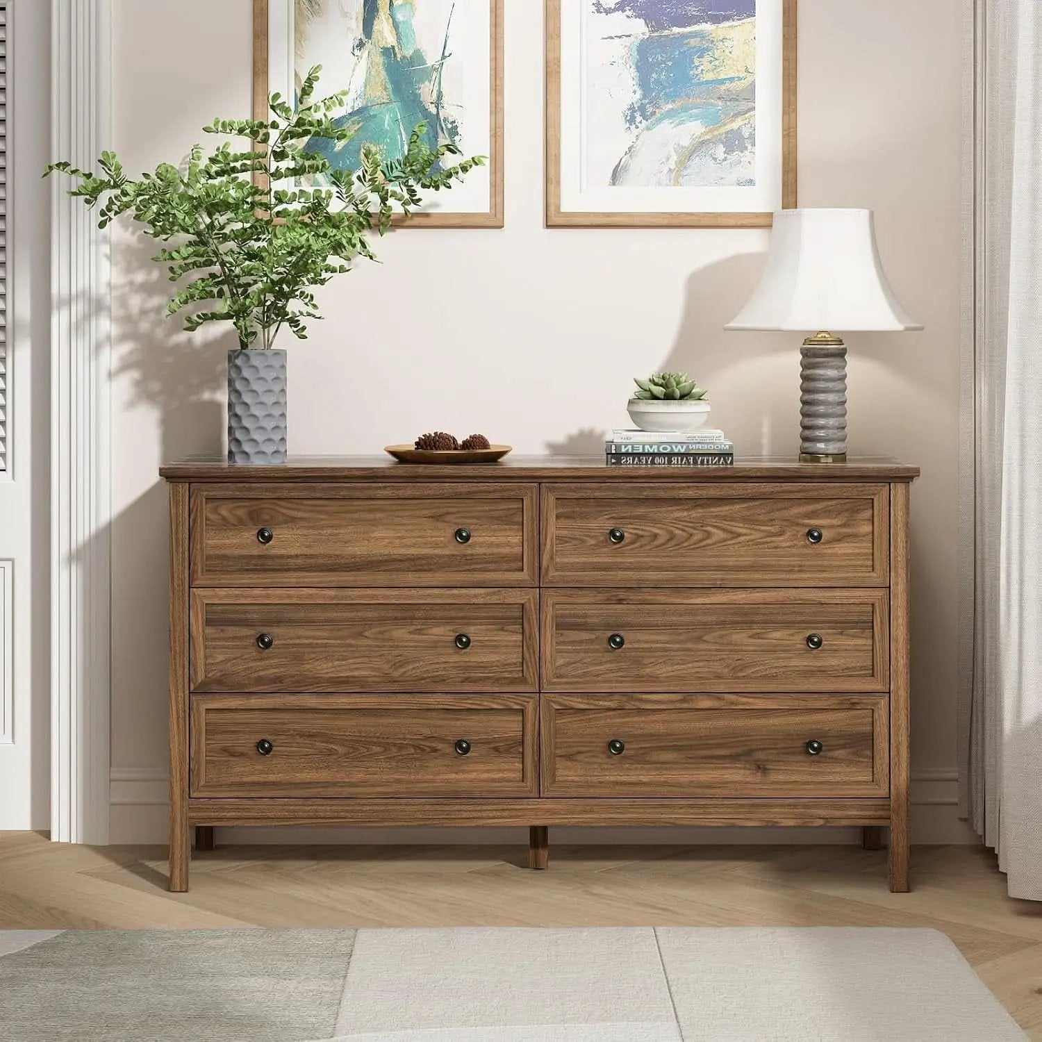 55 Inch Walnut Dresser With Six Drawers For Bedroom from PriceLows™