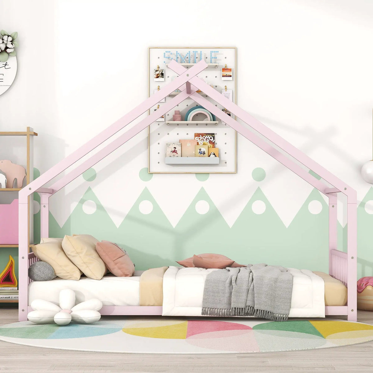Metal House Bed | Roof Design | Semi-Enclosed Play Space | Contemporary Neutral Finish
