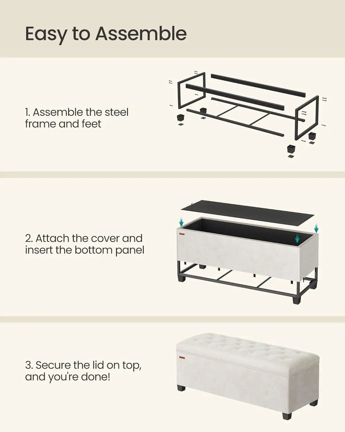 Cream Velvet Textured Storage Ottoman Bench 43Inch from PriceLows™