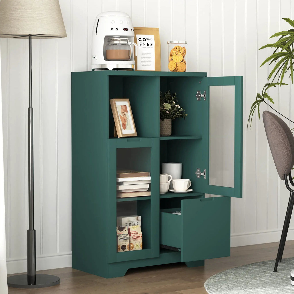 Modern Storage Cabinet | Adjustable Shelves | Double Glass Doors | Gray