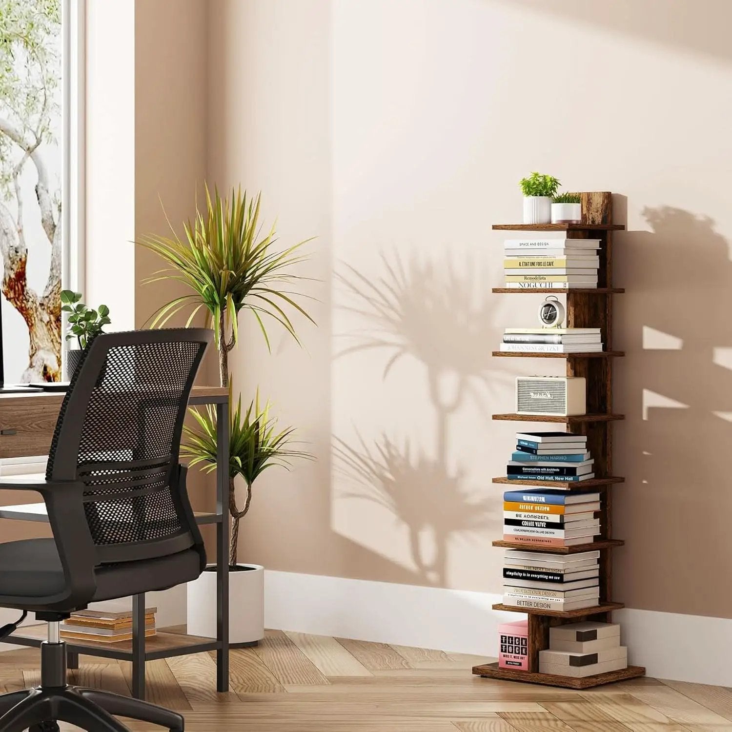 Vertical Bookshelf 8 Tier Rustic Brown Corner Shelf from PriceLows™