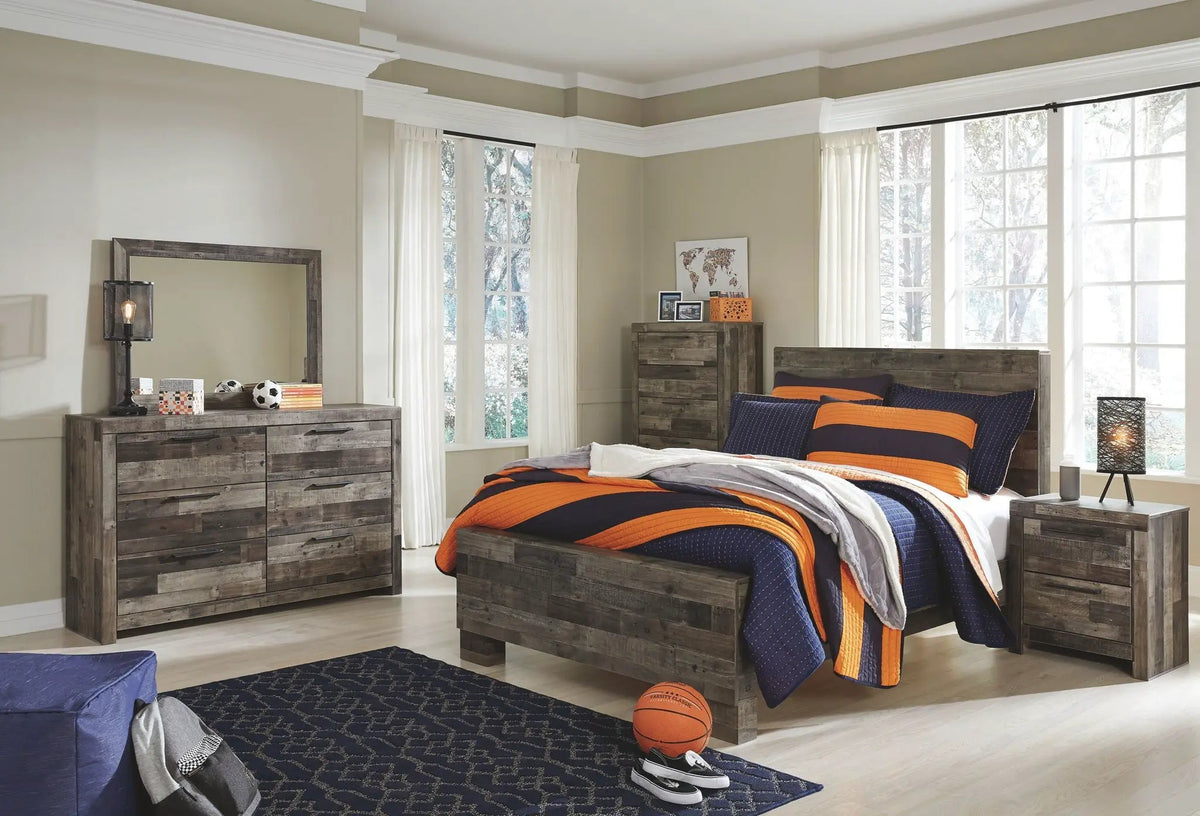 Derekson Youth Panel Bedroom Set | 4-Piece | Rustic Butcher Block Finish | Replicated Pine Grain