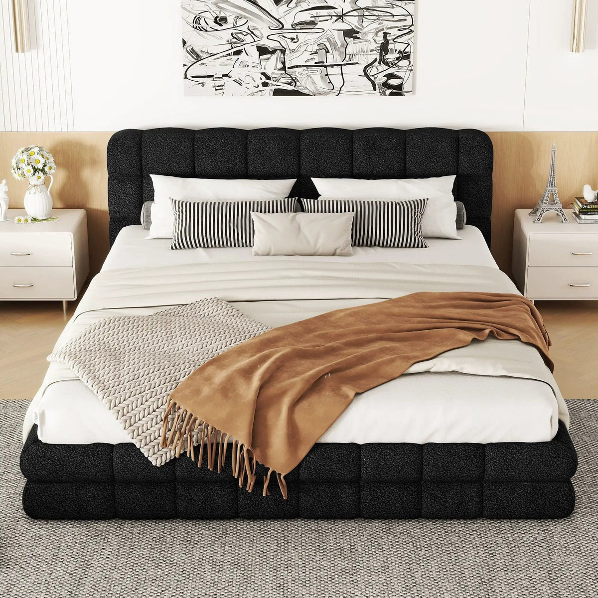 Upholstered Platform Bed With Headboard | 3 Pieces | Pine Wood & Metal | Bedroom