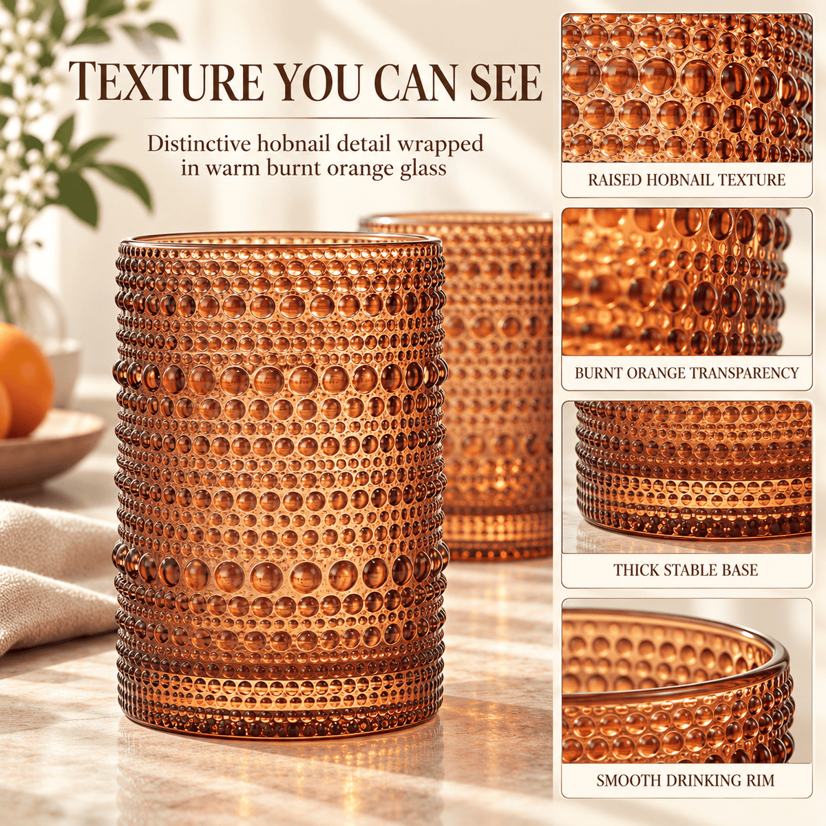 Tonal Hobnail Lowball Glassware | 12 oz | Set of 6 | Entertaining