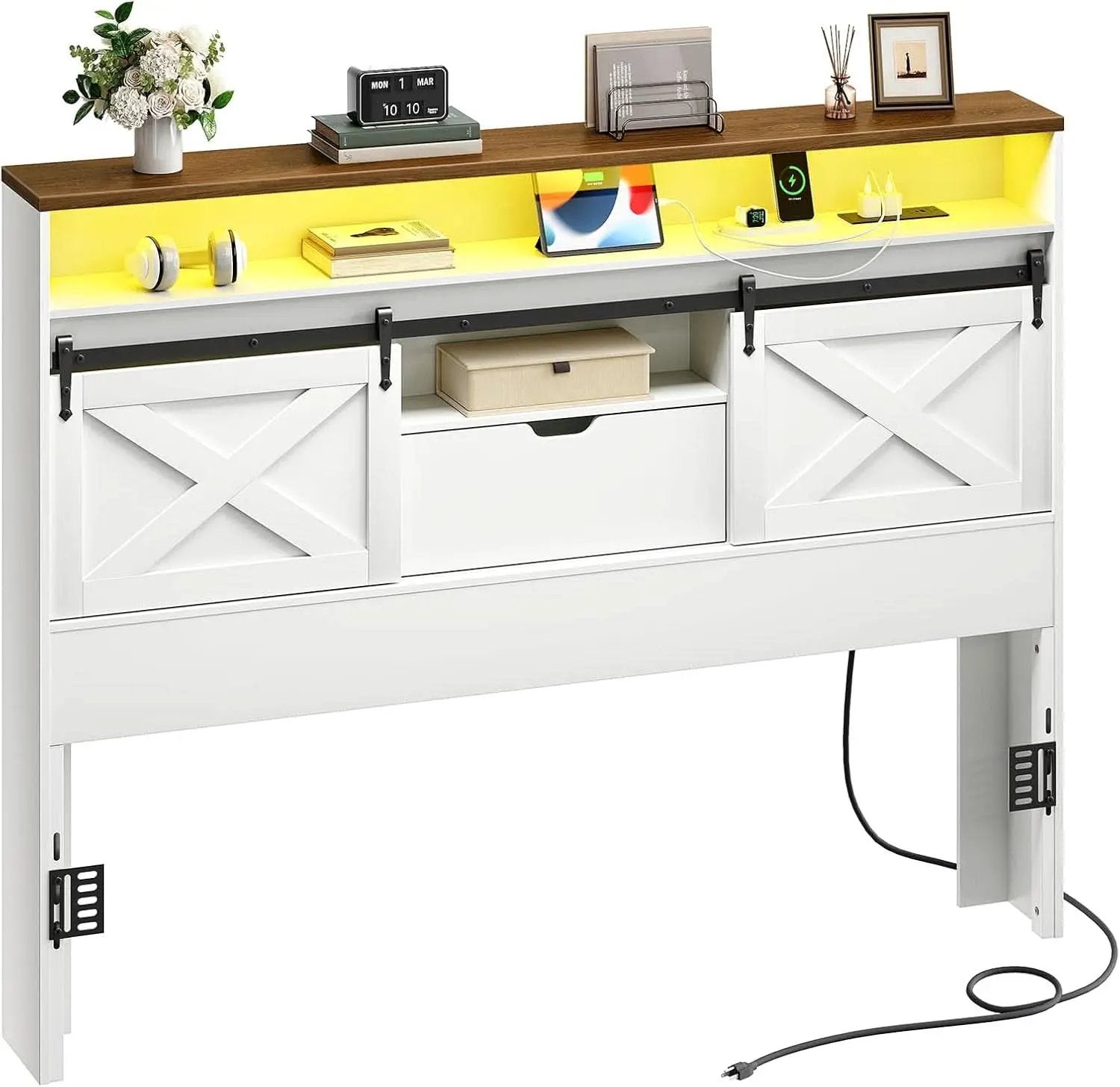 Farmhouse Queen Headboard with Storage and Charging Station from PriceLows™