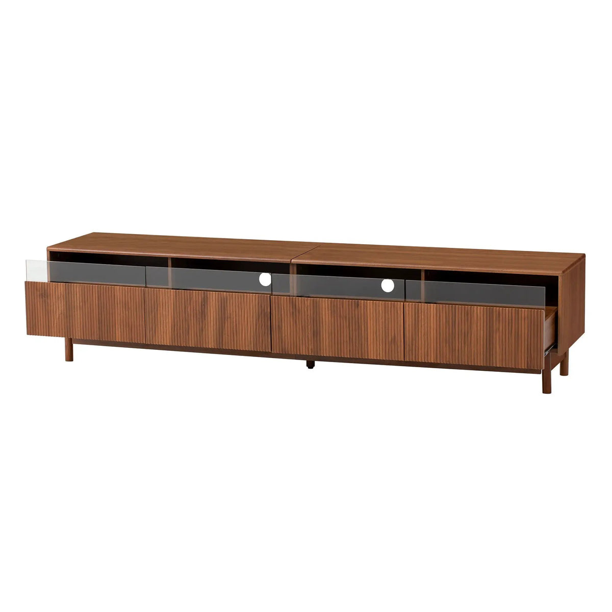 Walnut TV Stand | Fluted Glass Drawers | Entertainment Center | Family-Safe Rounded Corners