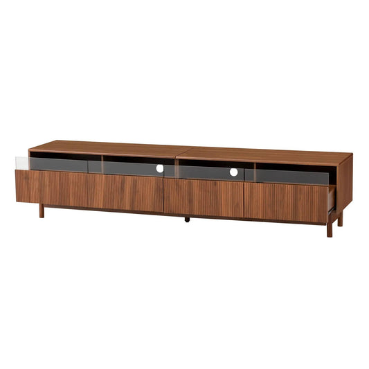 Walnut TV Stand | Fluted Glass Drawers | Entertainment Center | Family-Safe Rounded Corners