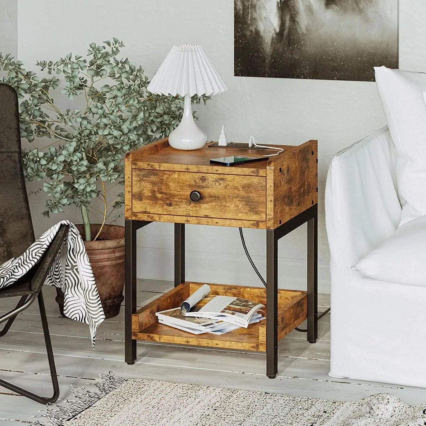 Bedside Table With Charging Station In Vintage Brown from PriceLows™