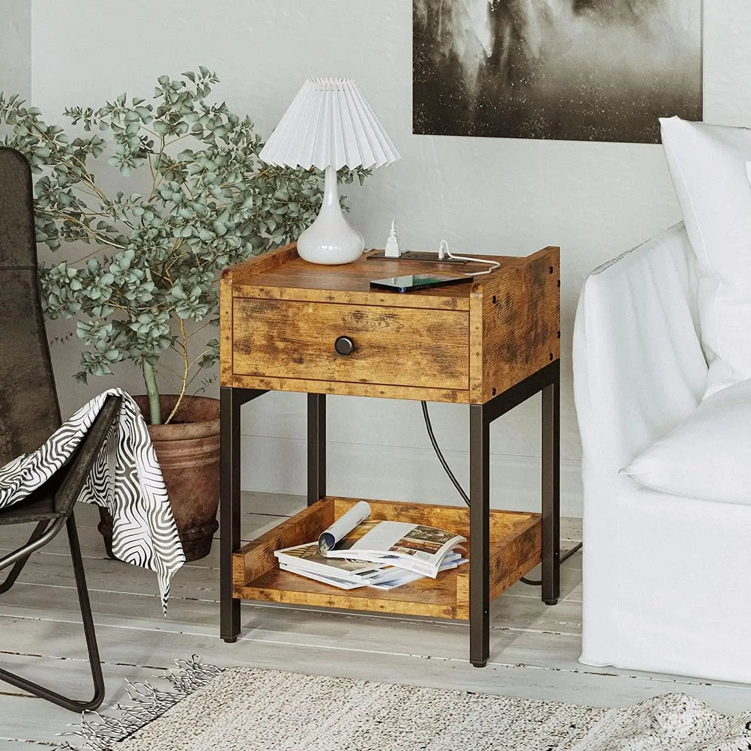 Bedside Table With Charging Station In Vintage Brown from PriceLows™