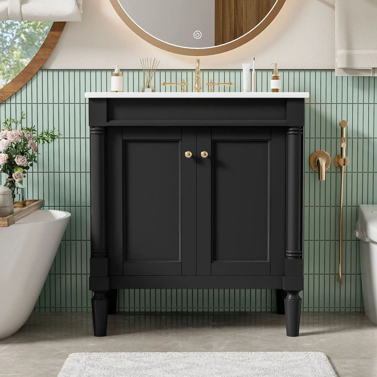 30 Inch Bathroom Vanity With Sink | Soft Close Doors | Carved French Detailing | Adjustable Shelf