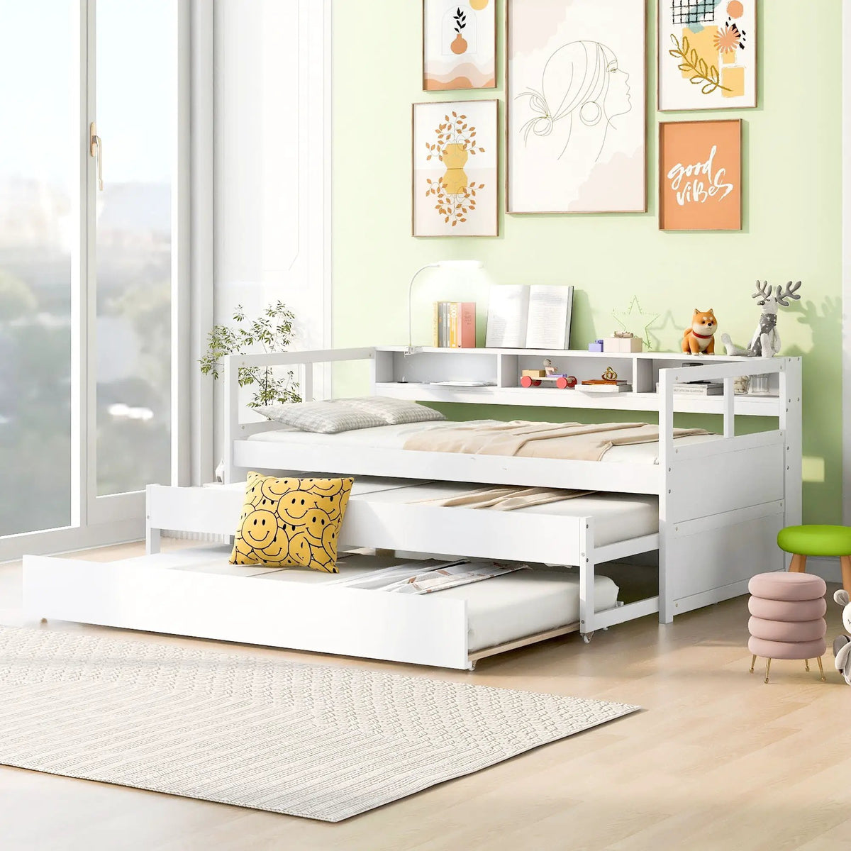 Daybed | 2 Trundles | 3 Storage Cubbies | Solid Wood Frame