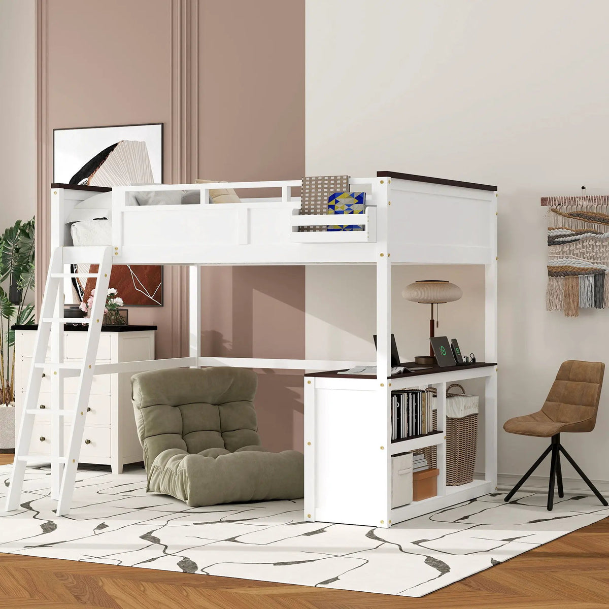 Queen Loft Bed With Desk | White | Open Shelf | USB Charging Station