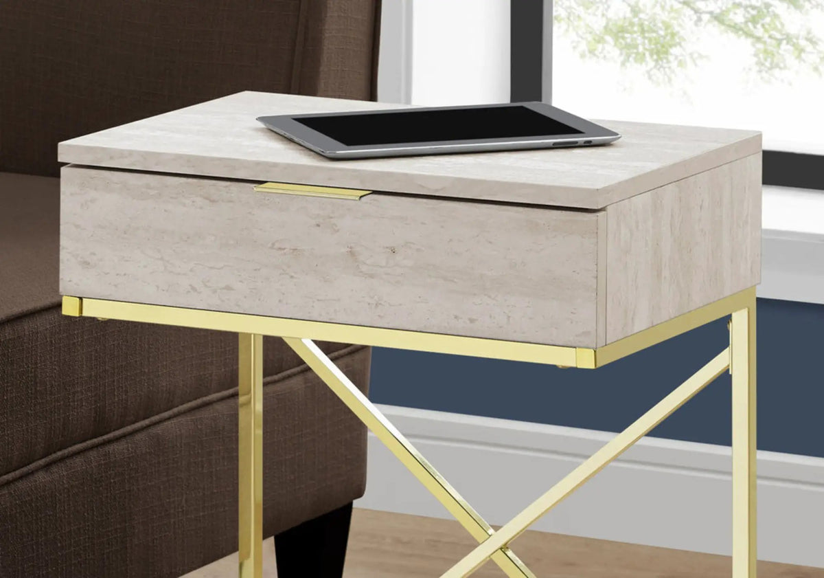 Accent Side Table | Spacious Tabletop | Storage Drawer | Metal Frame