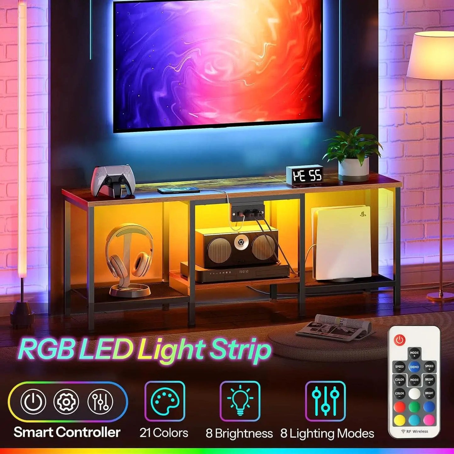 Rustic Brown And Black LED TV Stand With Charging Station Up To 55 Inches from PriceLows™