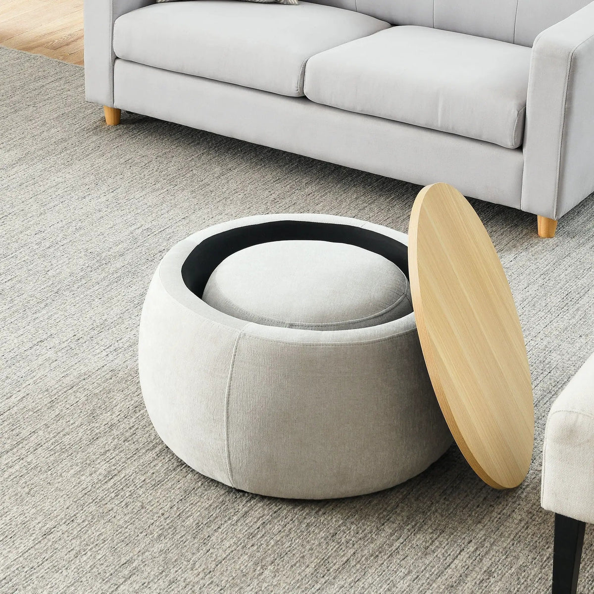 Round Storage Ottoman | Pleated Fabric | Removable Lid