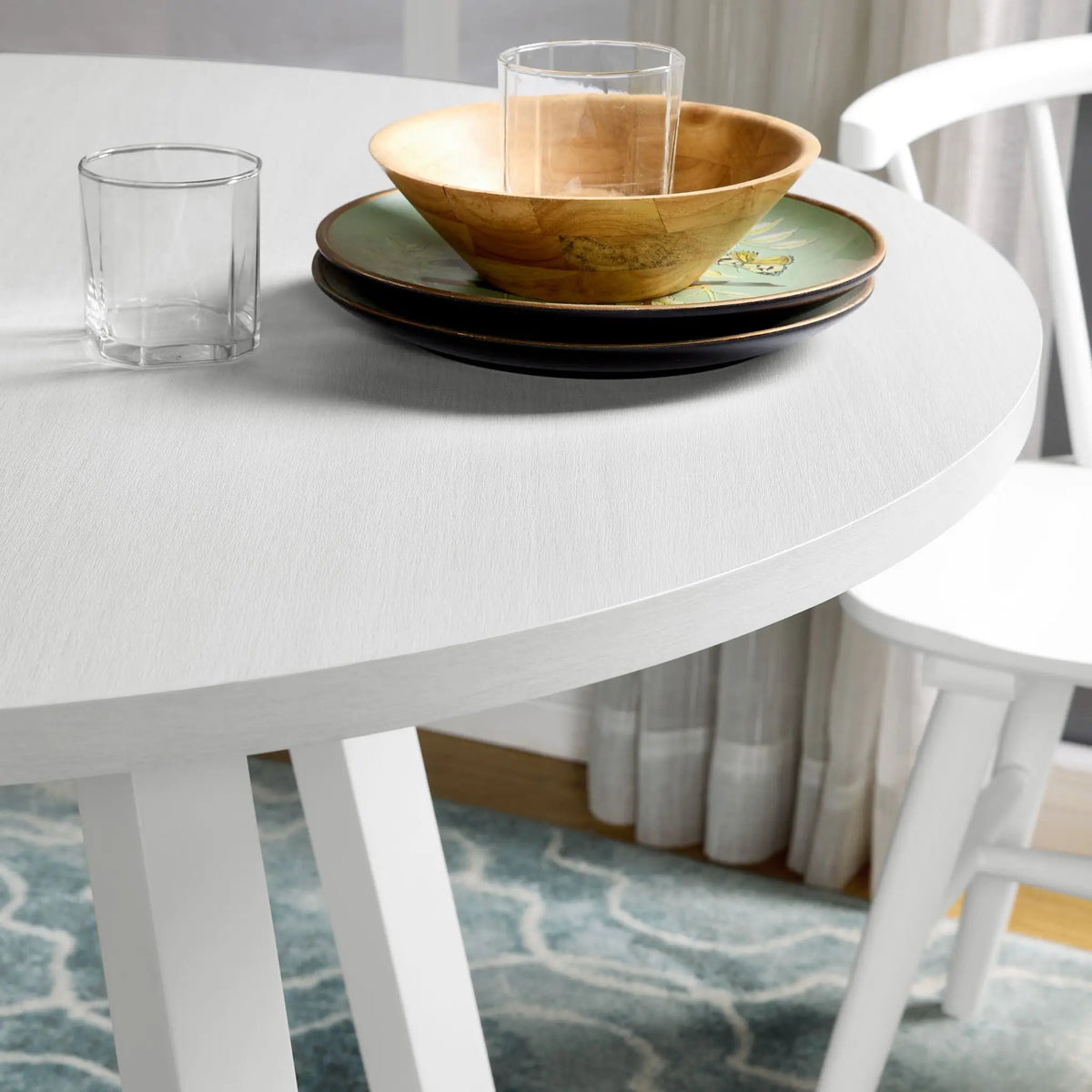 Edo Trestle Dining Table Set | 5-Piece | 4 White Windsor Chairs | Melamine Tabletop