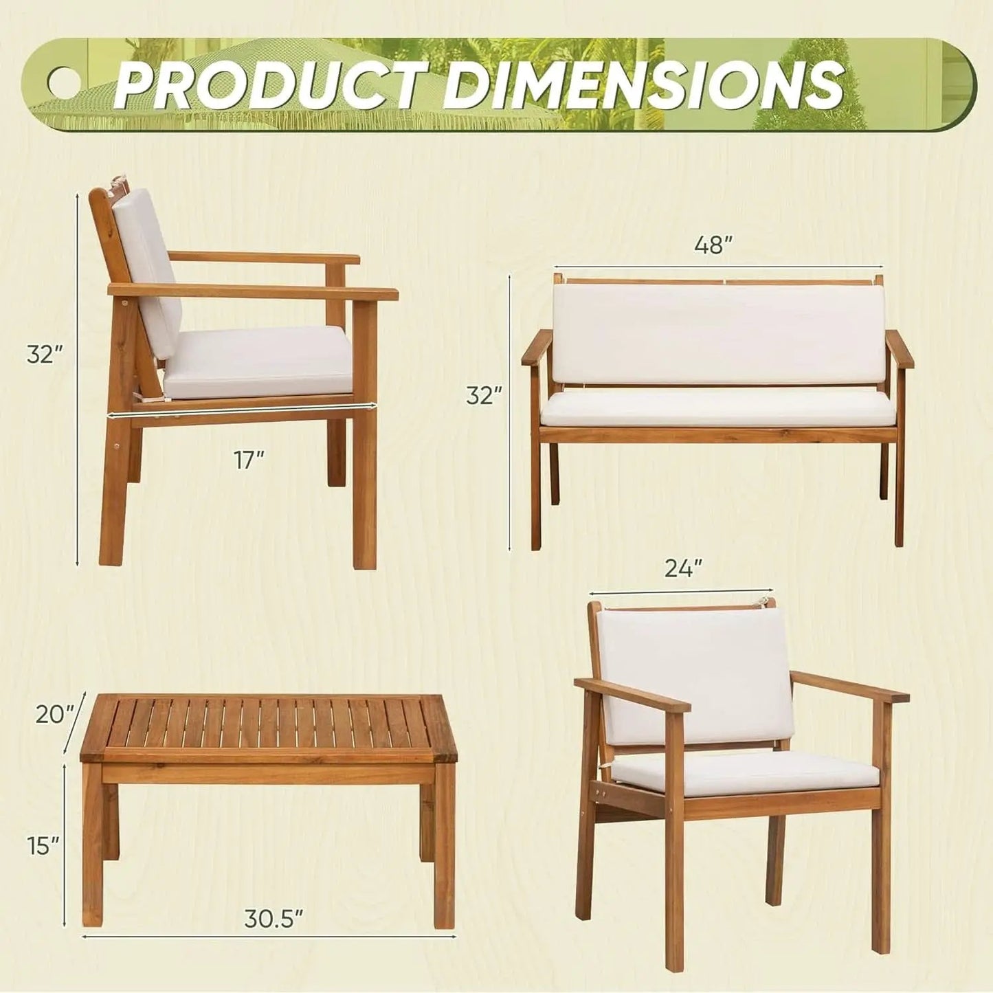Acacia Wood 4 Piece Patio Conversation Set With Cushions from PriceLows™