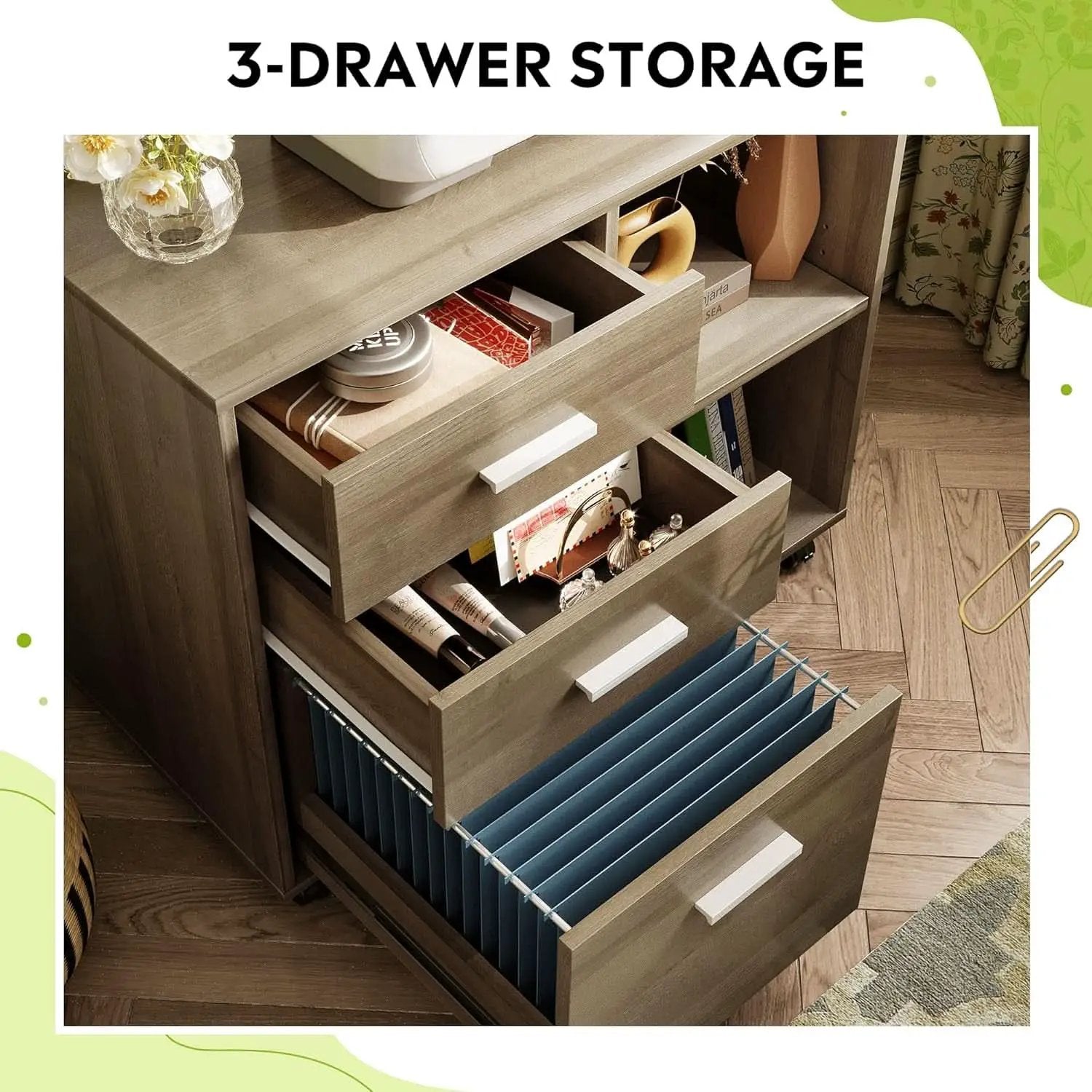 Three Drawer Mobile File Cabinet In Gray Oak With Open Shelves Printer Stand For Home Office from PriceLows™