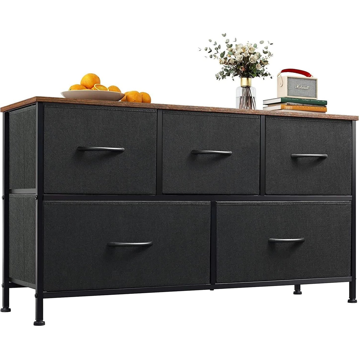 5 Drawer Fabric Dresser With Bins And Wood Top For Bedroom from PriceLows™