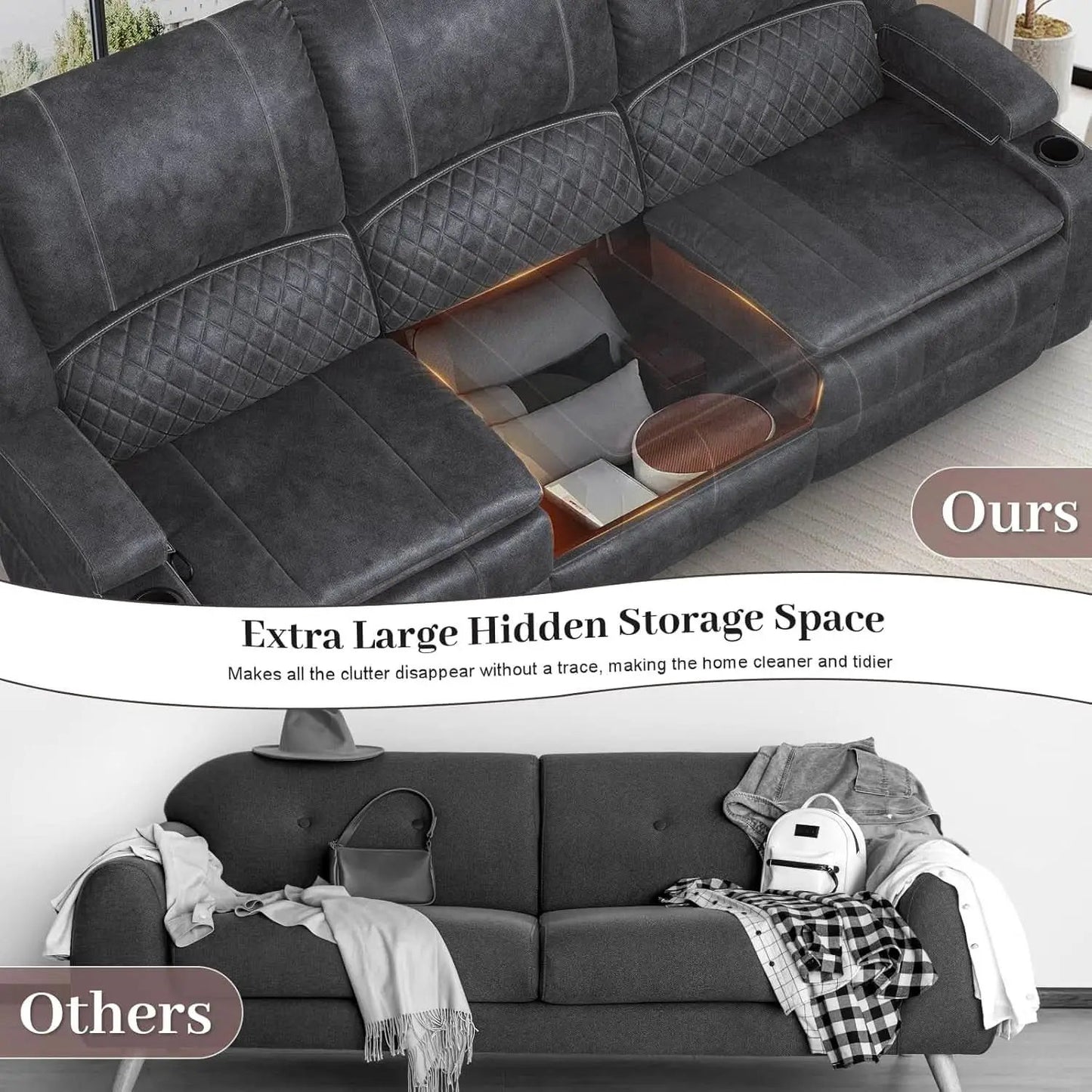 Grey Three Seater Manual Recliner Sofa Modern Living Room from PriceLows™