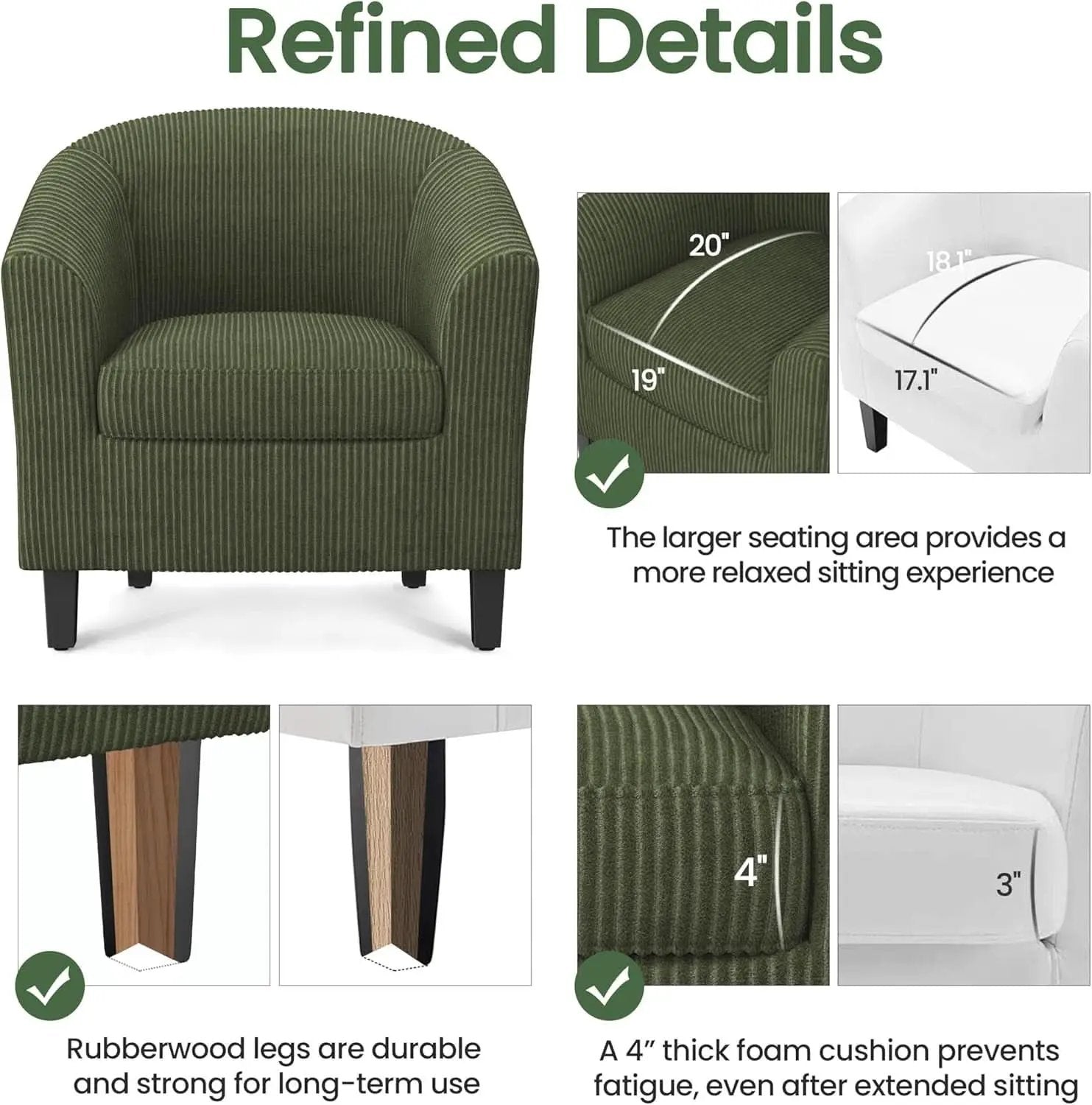 Corduroy Barrel Chairs Set of 2 Dark Green Upholstered from PriceLows™