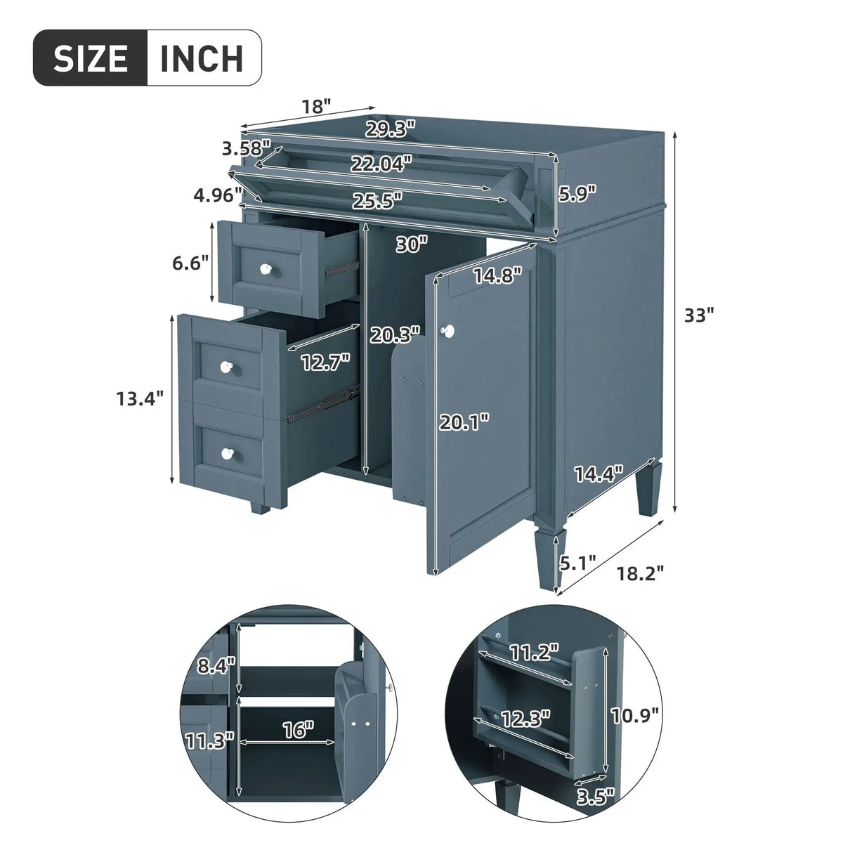 Bathroom Vanity | 3 Drawers | Blue Finish | Tip Out