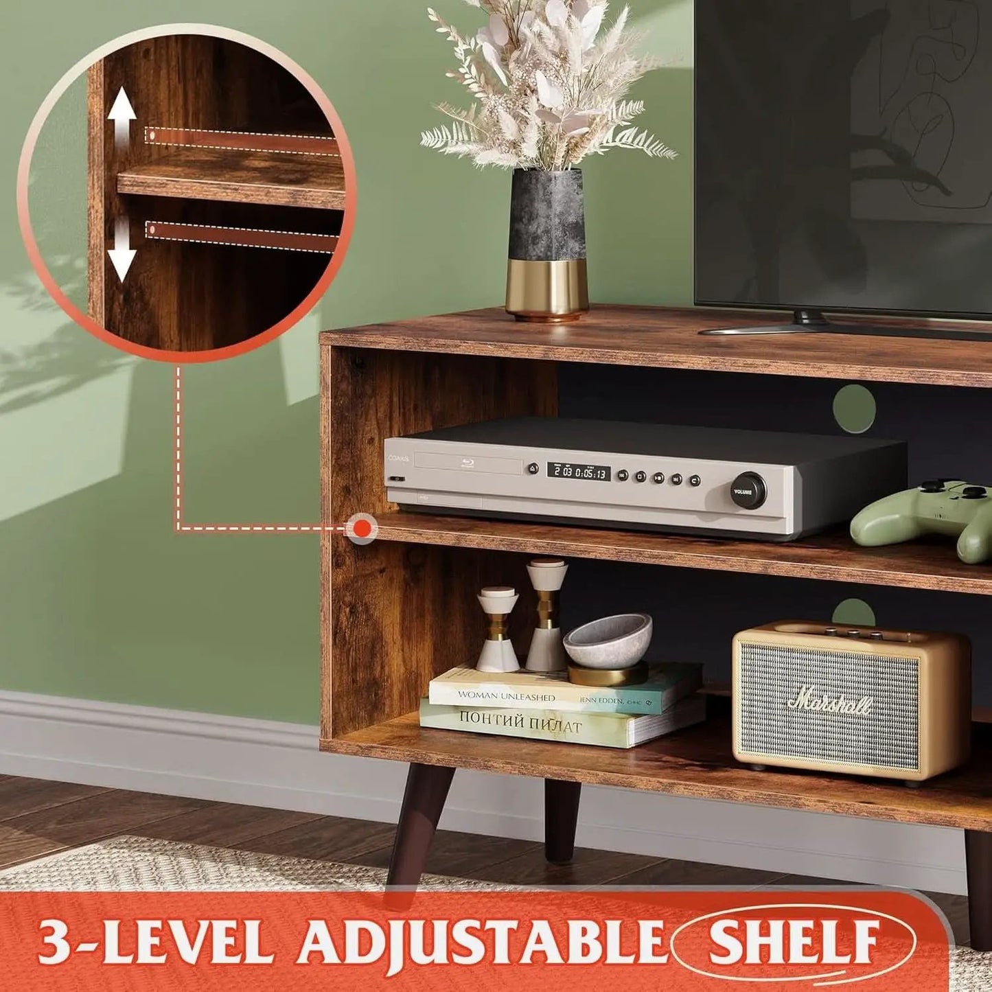 Mid Century TV Stand for 55 Inch TV Brown Wood Entertainment Center With Storage from PriceLows™