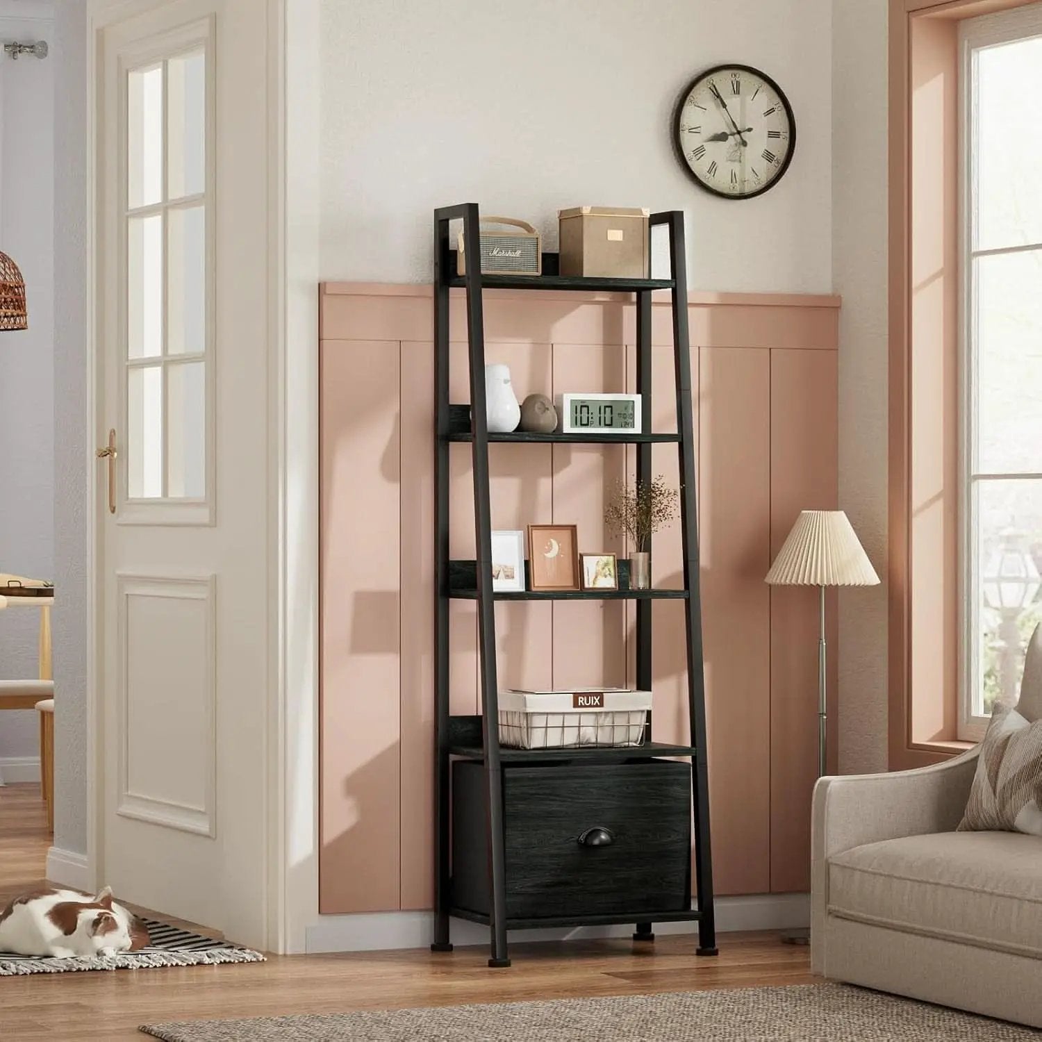 5 Tier Ladder Shelf With Drawer Narrow Black Oak Finish from PriceLows™