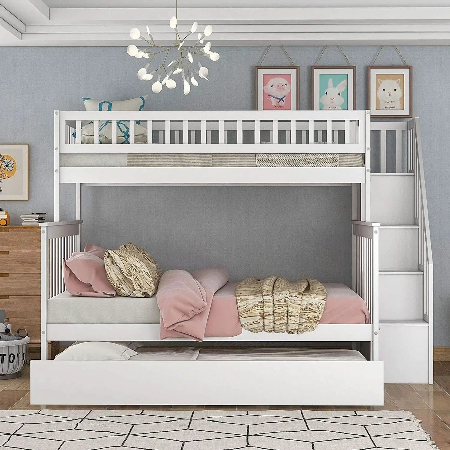 Twin Over Full Bunk Bed With Stairs And Trundle White Wood from PriceLows™