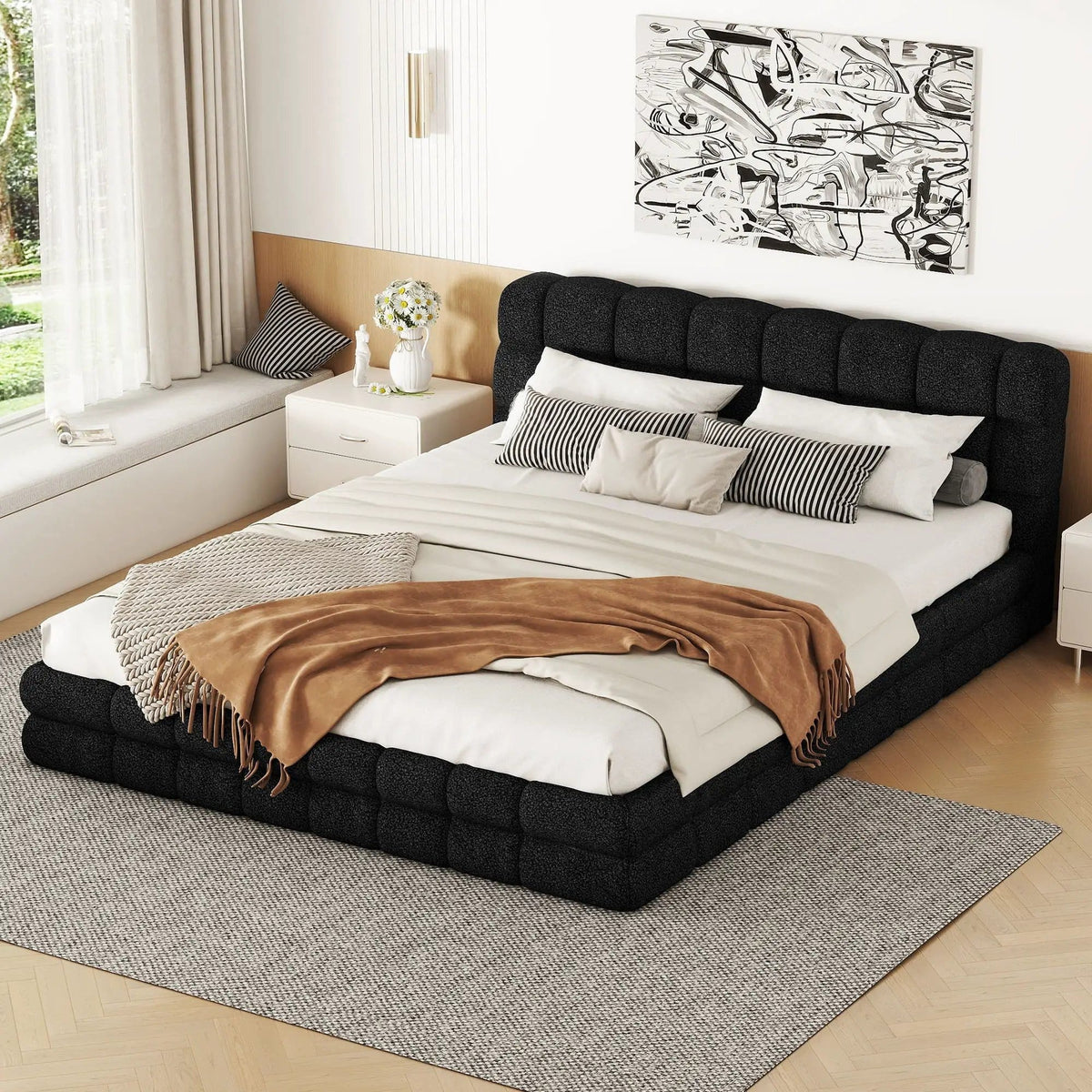 Upholstered Platform Bed With Headboard | 3 Pieces | Pine Wood & Metal | Bedroom