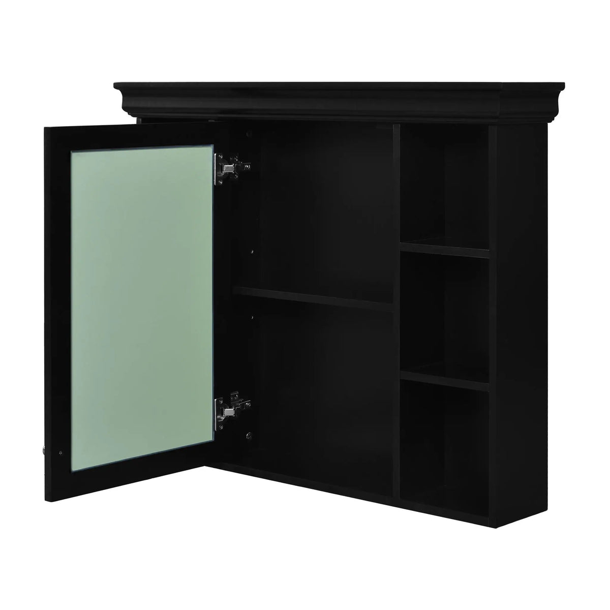 Wall Mounted Bathroom Storage Cabinet | Mirror Door | Silver Metal Handles | Open Shelves