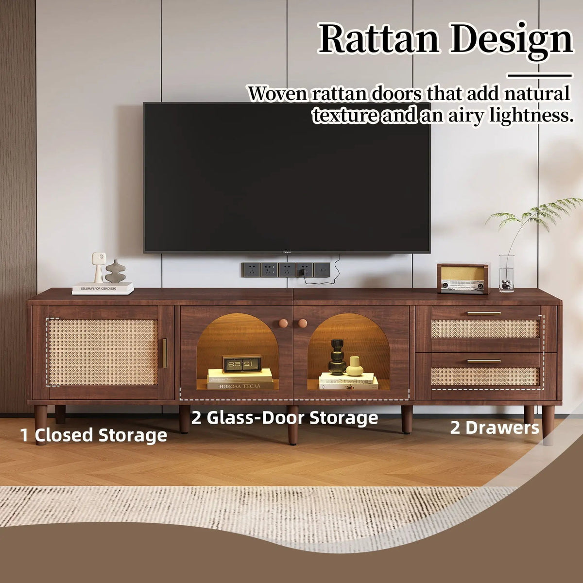 TV Stand | App Controlled LED Lights | Rattan Door Storage | Large TV