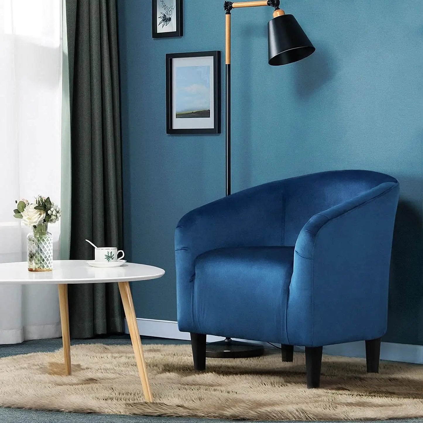 Pagoda Blue Velvet Club Chair With Curved Armrests from PriceLows™
