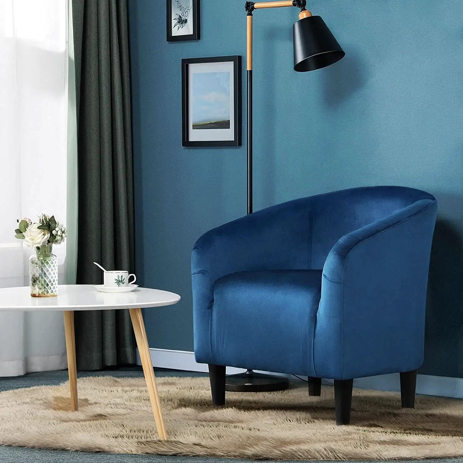 Pagoda Blue Velvet Club Chair With Curved Armrests from PriceLows™