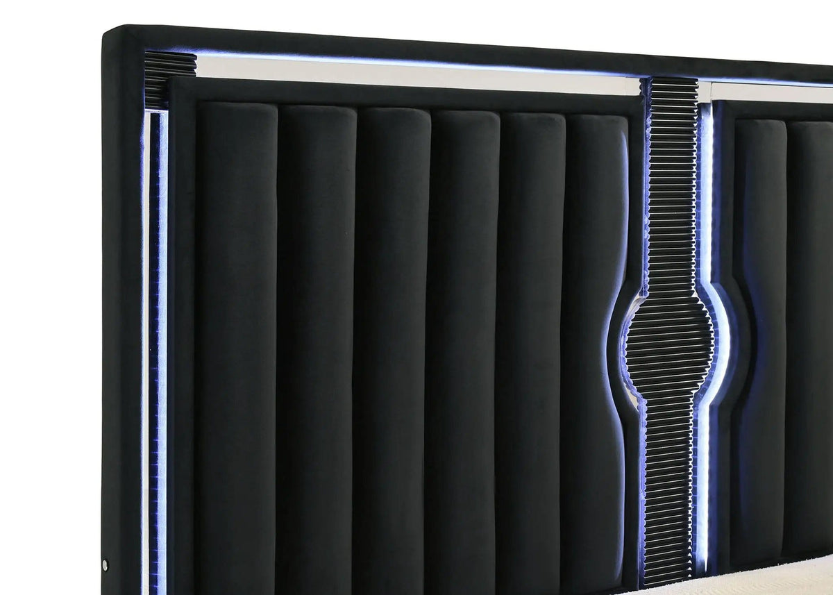 Ravenne Velvet Upholstered Eastern King LED Panel Bed | 78.75 x 89 x 61 in | Engineered Wood & Velvet | Black