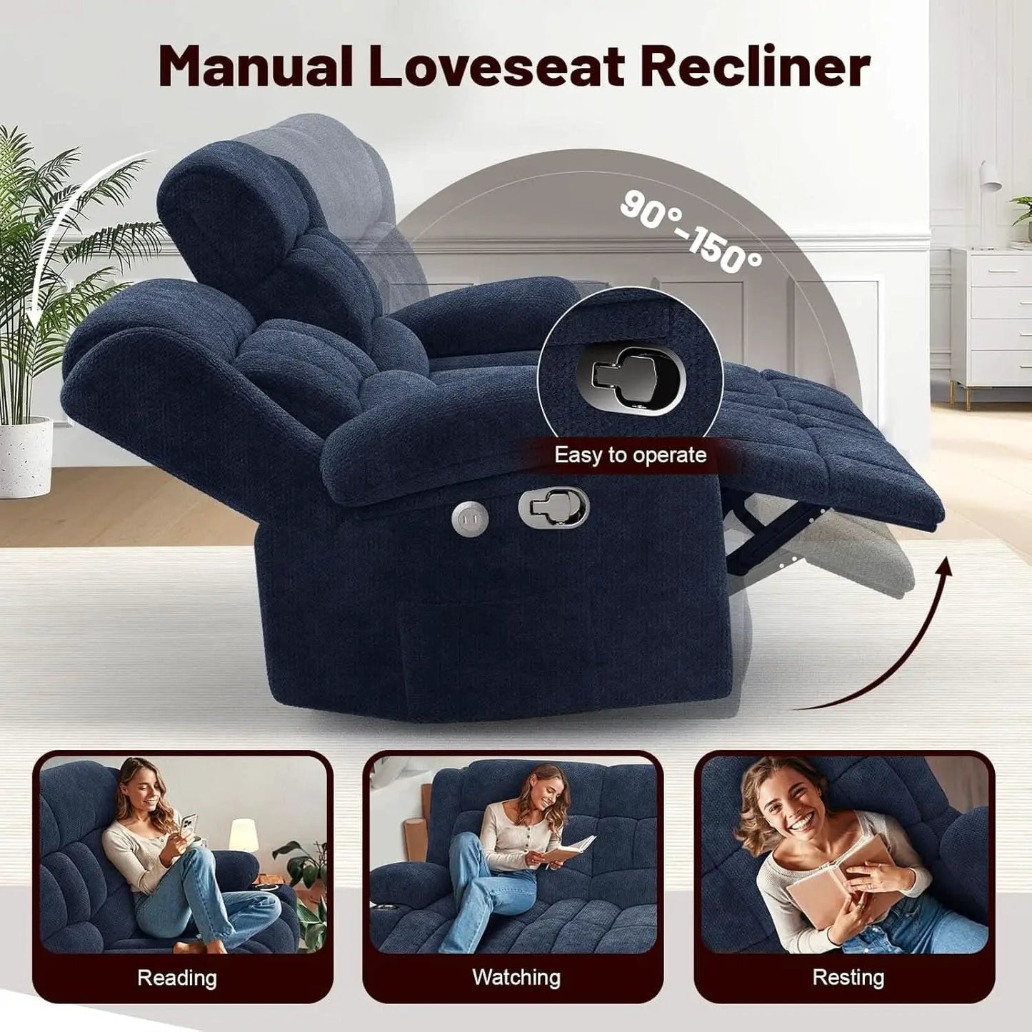Blue Fabric Reclining Loveseat With USB Ports For Living Room from PriceLows™