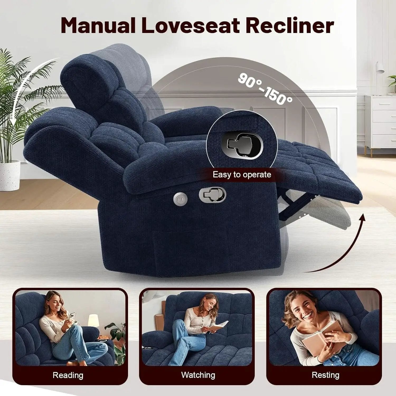 Blue Fabric Reclining Loveseat With USB Ports For Living Room from PriceLows™