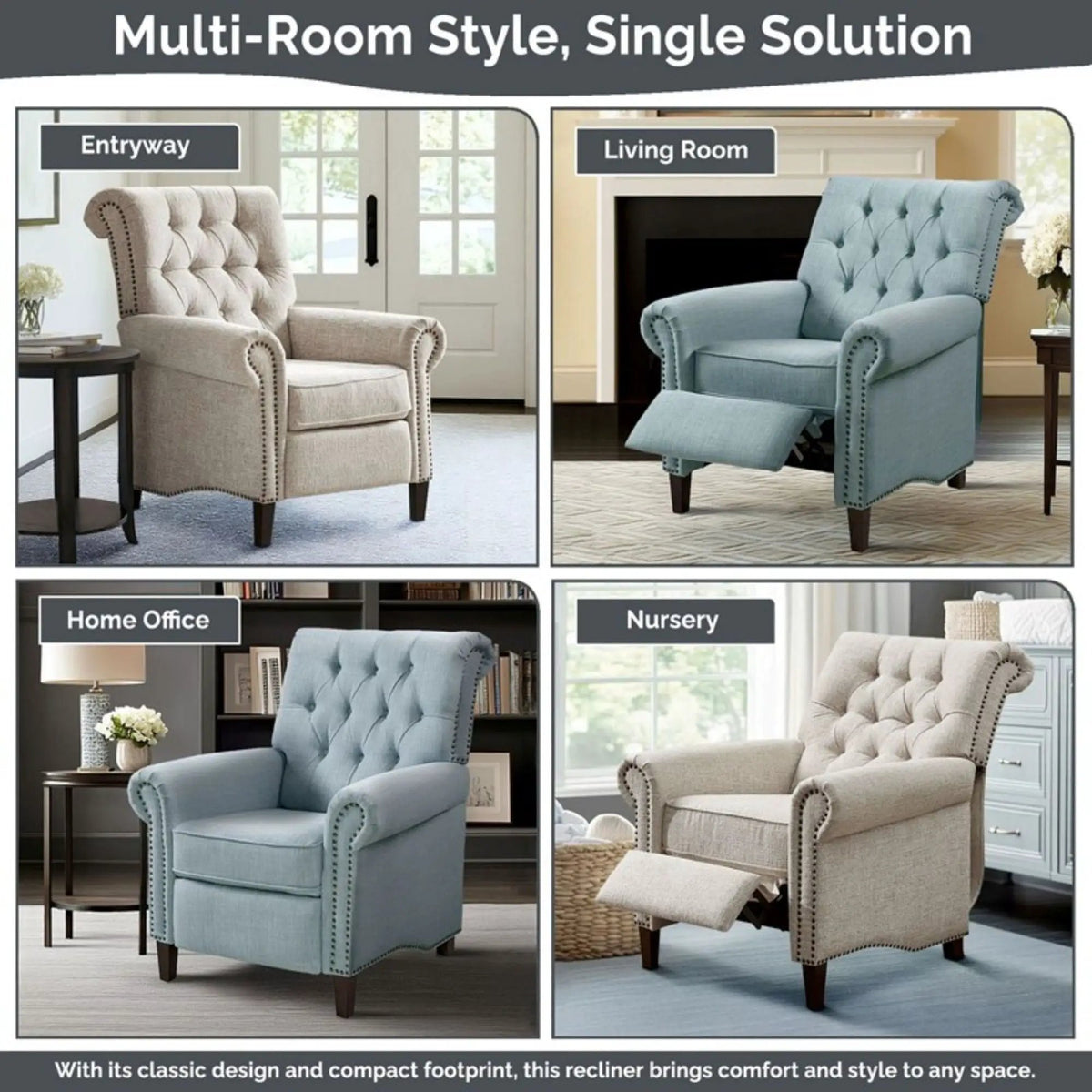 Aidan Push Back Recliner Chair | Tufted Back | Nailhead Trim | Cream
