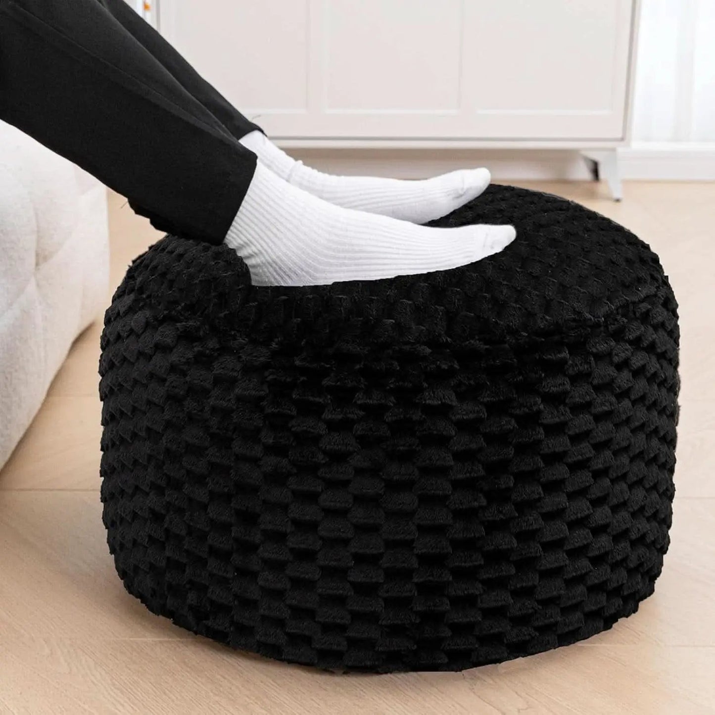 Round Plush Pouf Ottoman 20x12 Inches Black Upholstered from PriceLows™