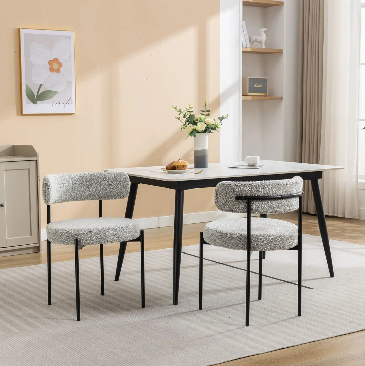 Burbank Round Boucle Dining Chairs | Set Of 2 | Black And White | Curved Design