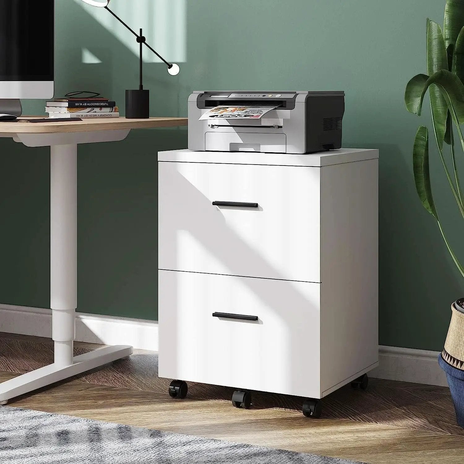 Mobile White Wood Lateral File Cabinet With 2 Drawers from PriceLows™