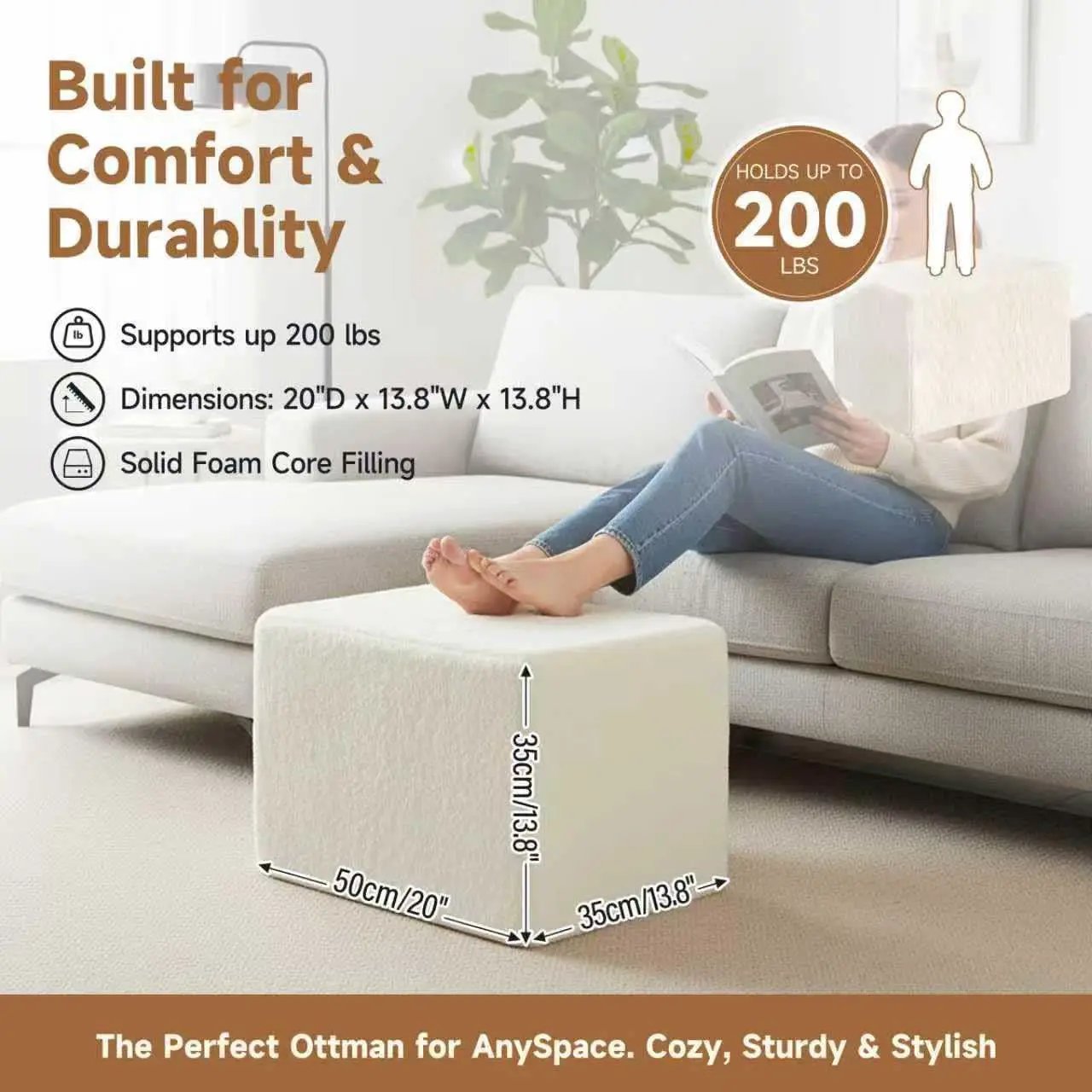 Cream Square Luxurious Upholstered Foam Pouf Ottoman from PriceLows™