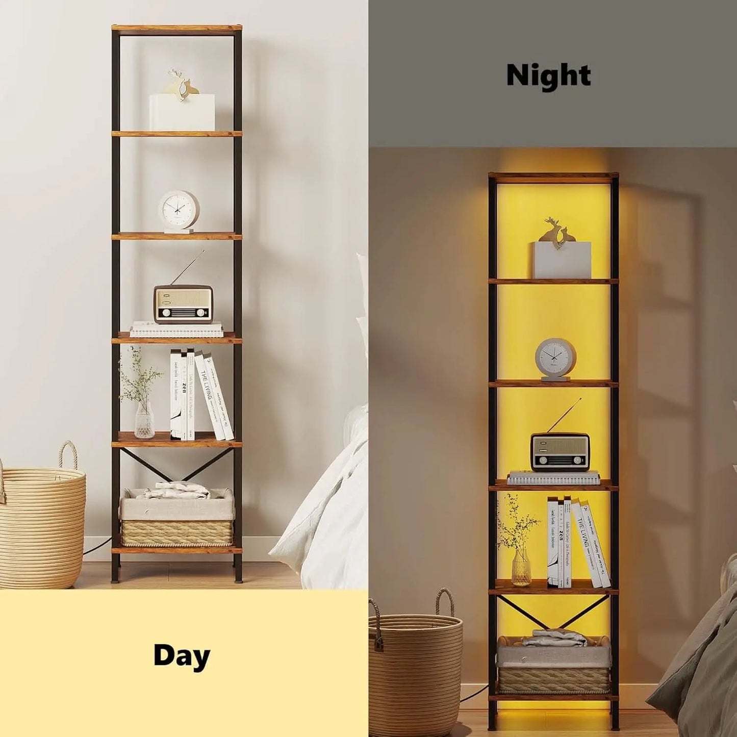 6 Tier Bookshelf With LED Lights In Rustic Brown Living Room from PriceLows™
