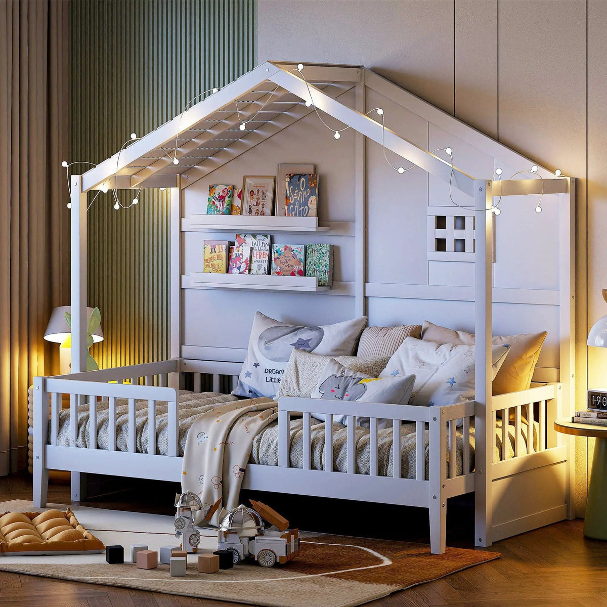 House Bed With Shelves, Window And Sparkling Light Strip On The Roof | 2 Pieces | Bedroom Furniture | Bedroom