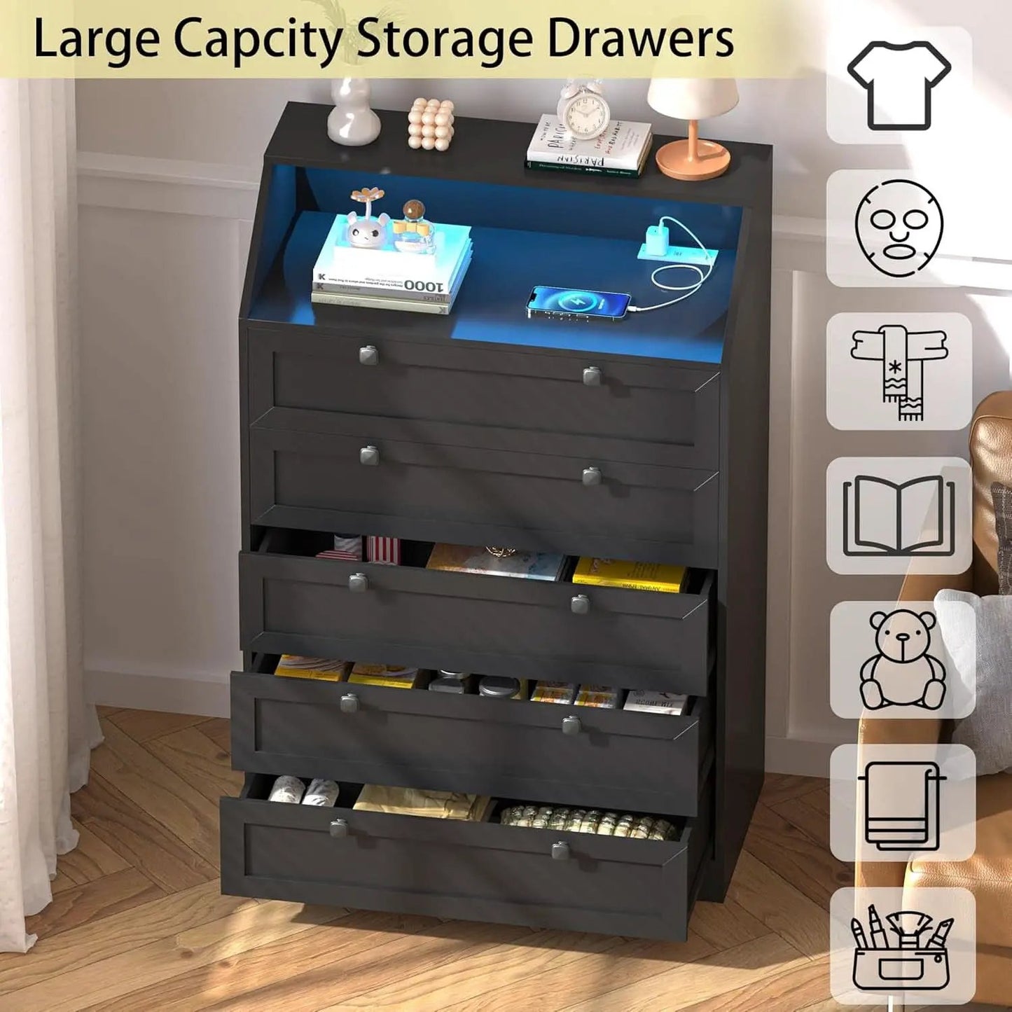 Tall Black Dresser With Customizable RGB Illumination from PriceLows™