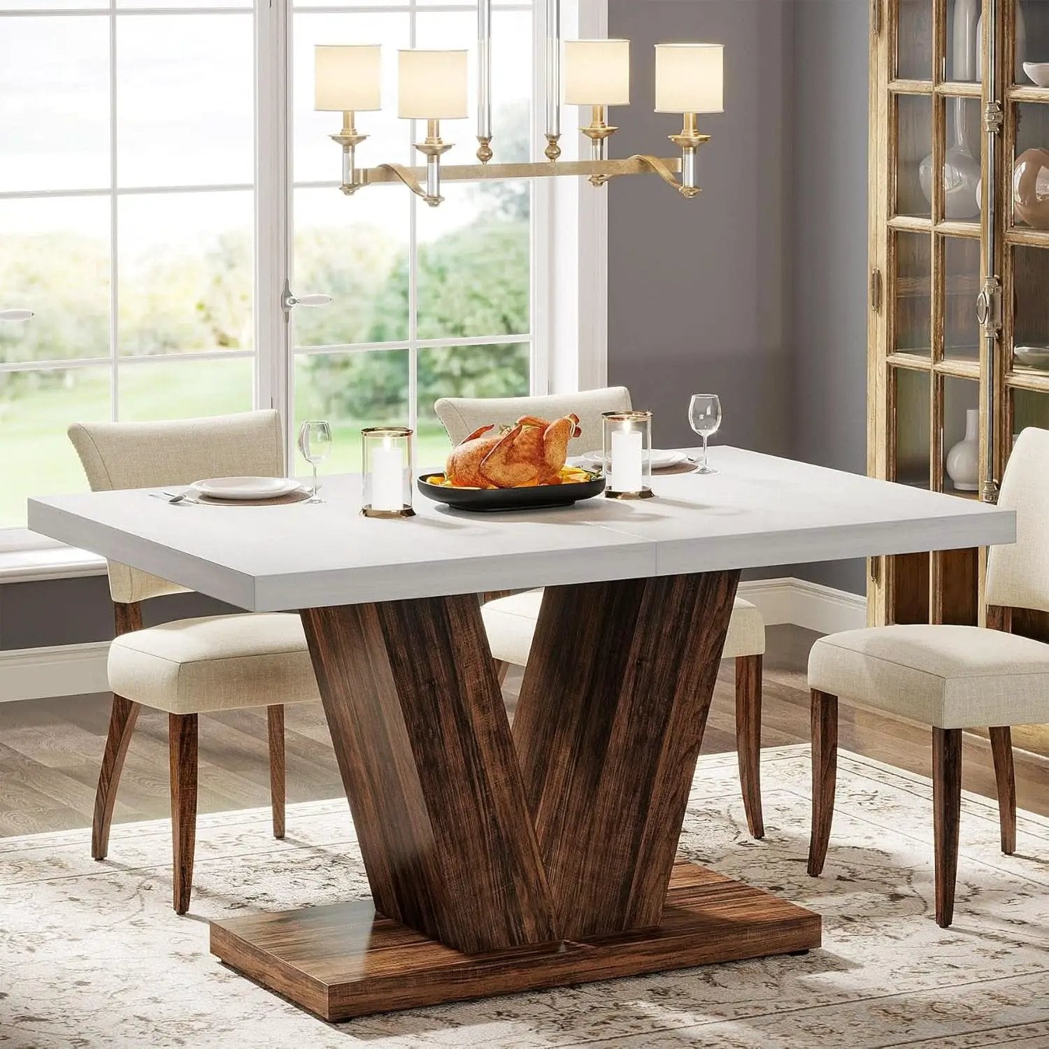 47 Inch White Oak Dining Table With Heavy Pedestal Base from PriceLows™